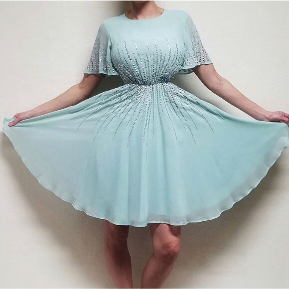 ASOS Sage Green Chiffon Sequin Flutter Sleeve Keyhole A-line Formal Dress 2 - Picture 3 of 16